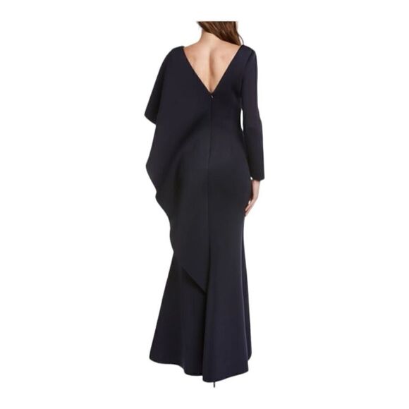 Badgley Mischka Navy Blue Asymmetric Ruffle Gown Size 2 - Picture 2 of 10